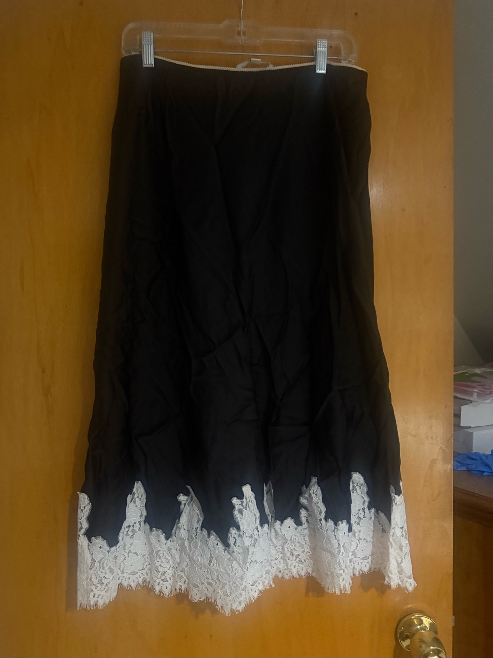Banana Republic Stretch-Satin Lace-Hem Midi Skirt in Ganache brown!